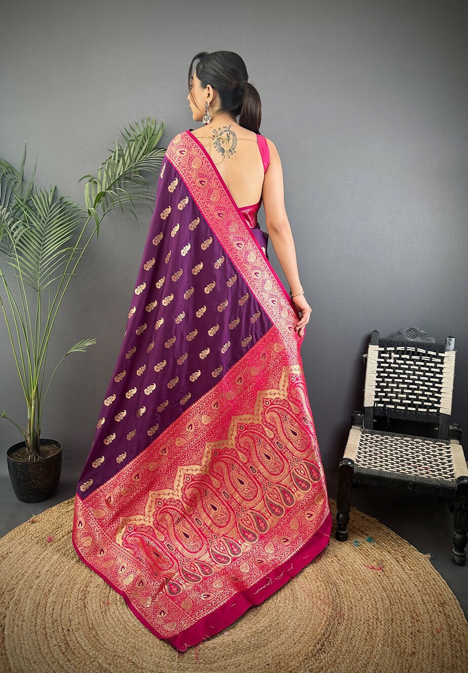 Joban Fashion Banarasi Purple Woven Butti Soft Silk Saree | Swadesiicart