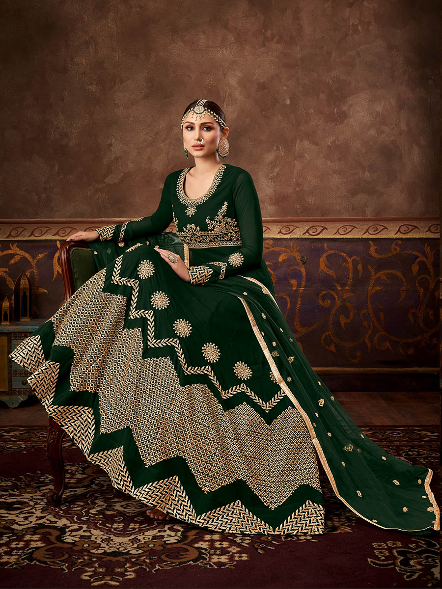 Myra Deep Green Real Georgette Embroidered Anarkali Suit | Swadesiicart