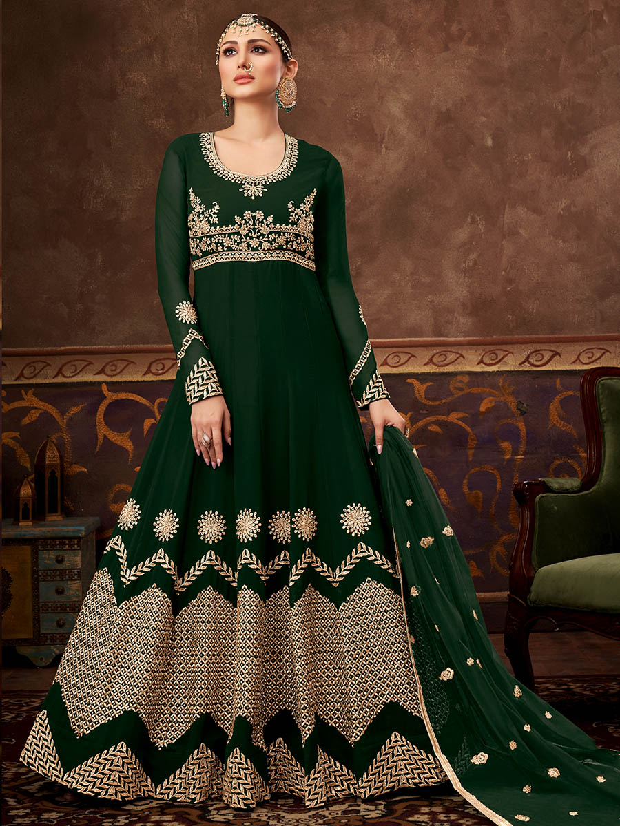 Myra Deep Green Real Georgette Embroidered Anarkali Suit | Swadesiicart
