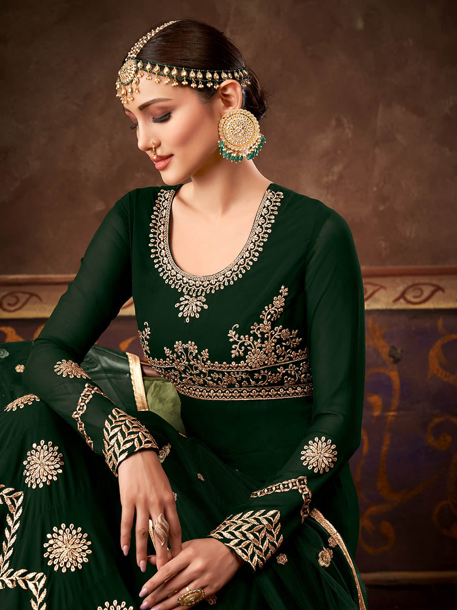 Myra Deep Green Real Georgette Embroidered Anarkali Suit | Swadesiicart