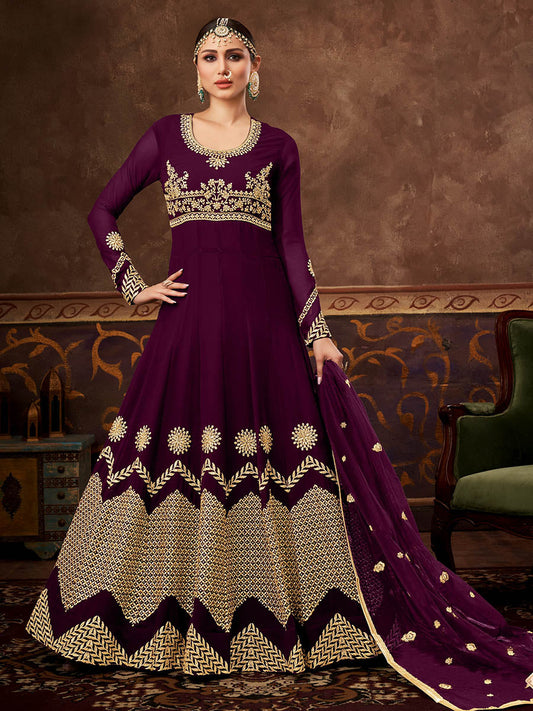 Myra Wine Real Georgette Embroidered Anarkali Suit (HO1103) | Swadesiicart