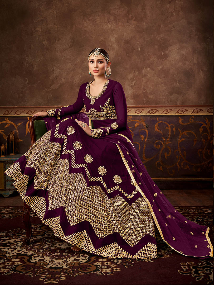Myra Wine Real Georgette Embroidered Anarkali Suit (HO1103) | Swadesiicart