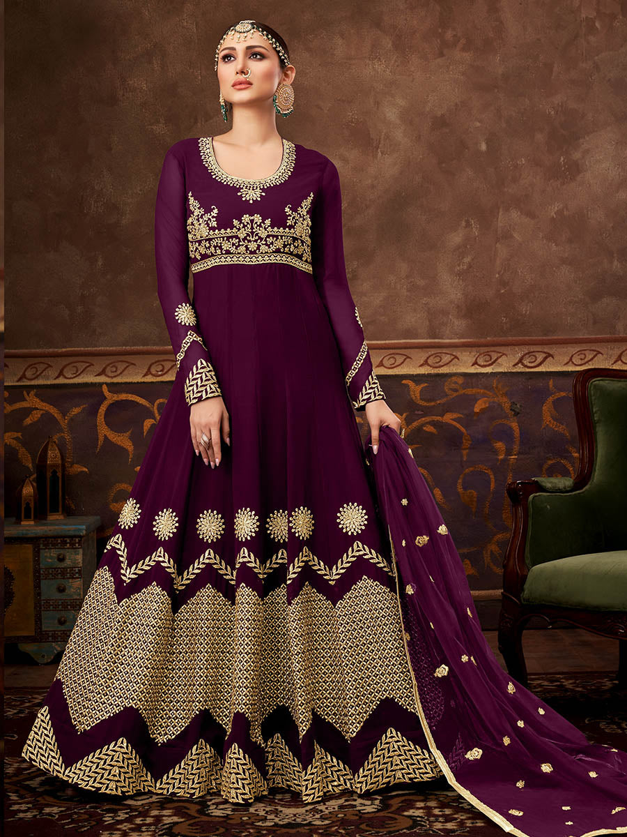 Myra Wine Real Georgette Embroidered Anarkali Suit (HO1103) | Swadesiicart