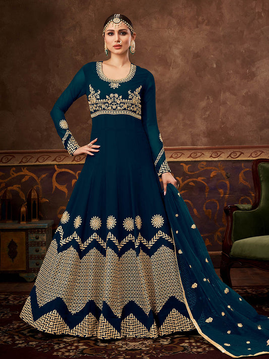 Myra Rama Green Real Georgette Embroidered Anarkali Suit | Swadesiicart