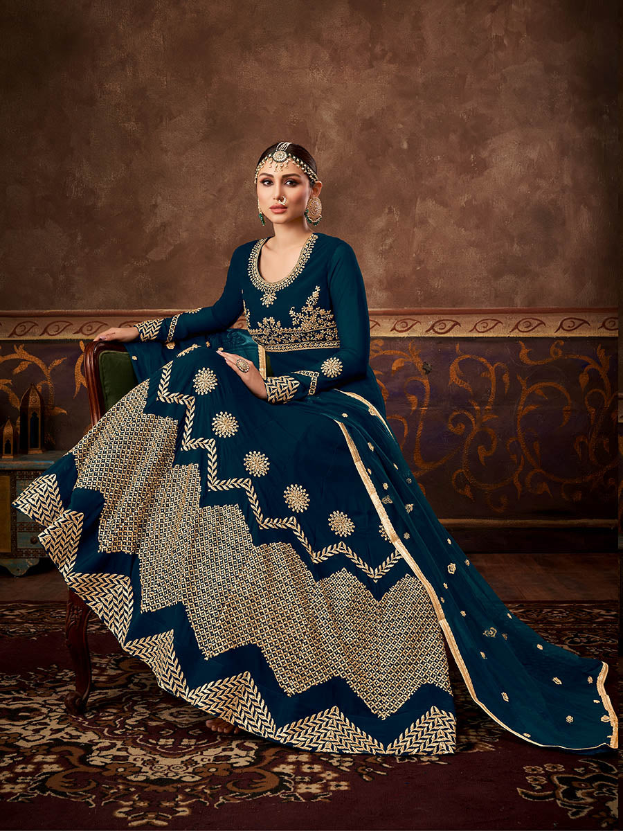 Myra Rama Green Real Georgette Embroidered Anarkali Suit | Swadesiicart