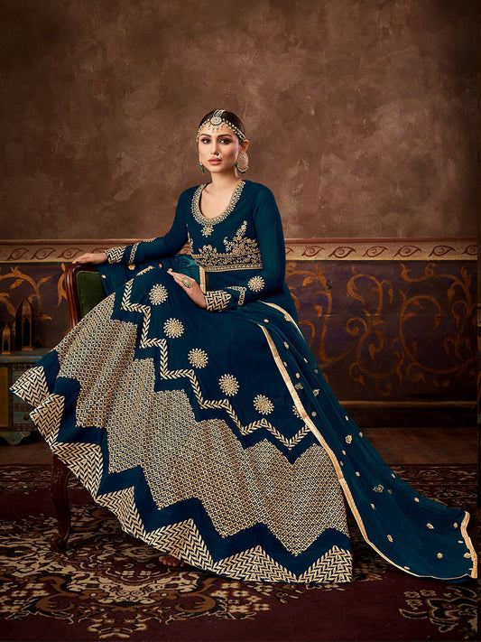 Myra Rama Green Real Georgette Embroidered Anarkali Suit | Swadesiicart