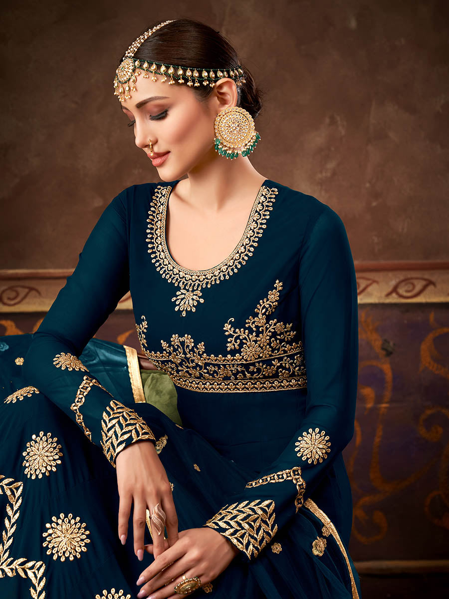Myra Rama Green Real Georgette Embroidered Anarkali Suit | Swadesiicart