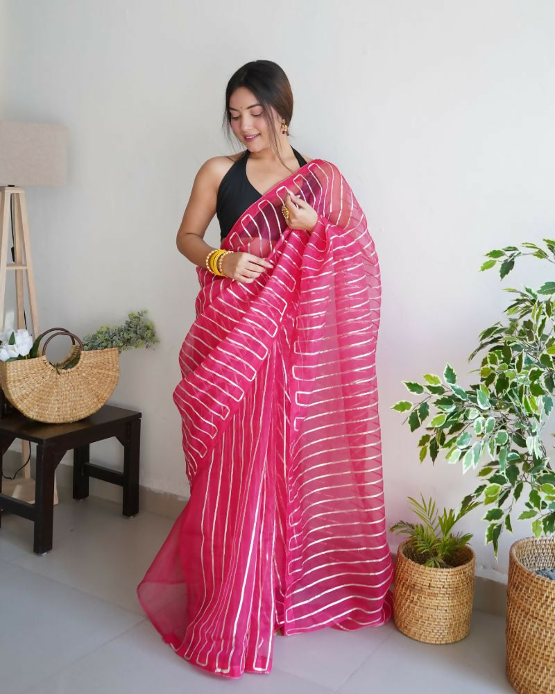 Vamsee Devika Pink Organza Silk Saree - Swadesiicart