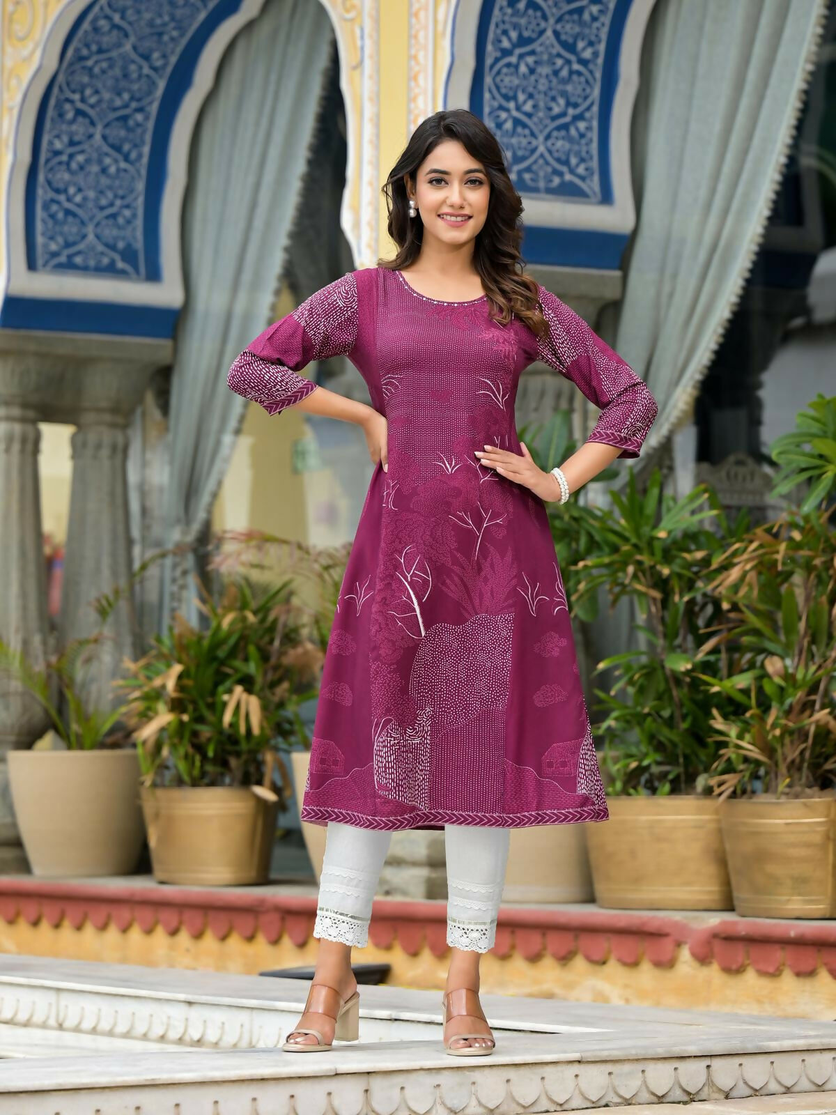 Juniper Women's Wine Beautiful Printed Liva Rayon A-Lined Kurta For Women - Swadesiicart