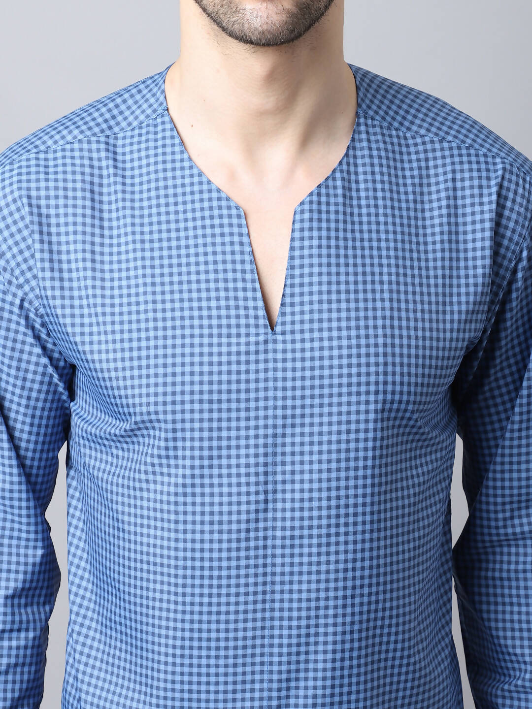 Even Apparels Blue Checked Men's Kurta With Band Collar | Swadesiicart