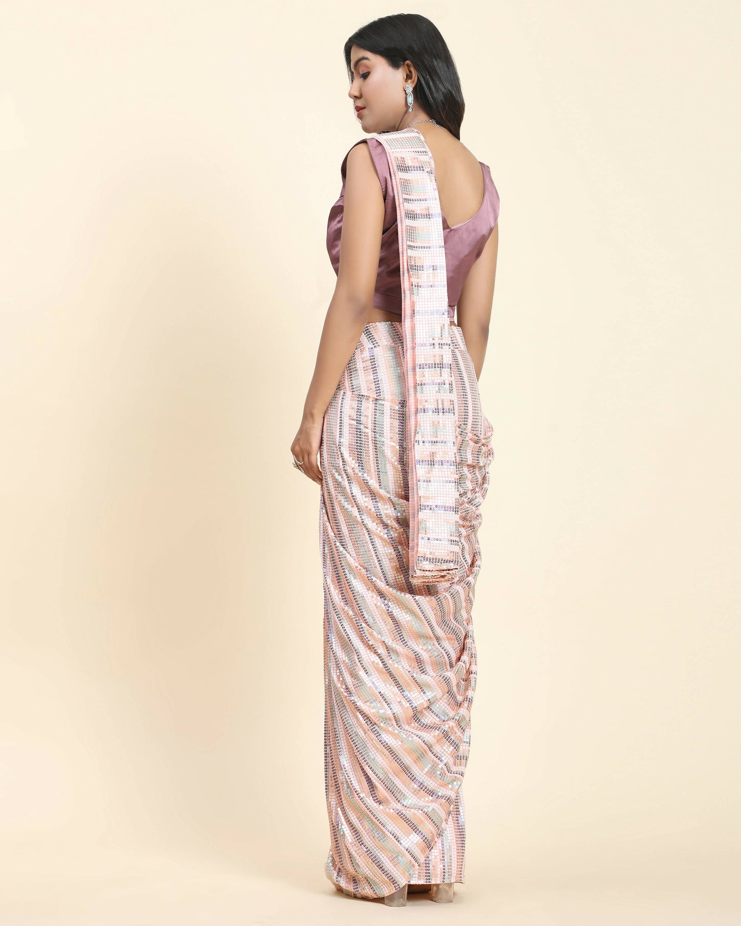 Peach Pure Georgette Sequence work Ready to wear Saree with stitched Blouse - Satiksha | Swadesiicart