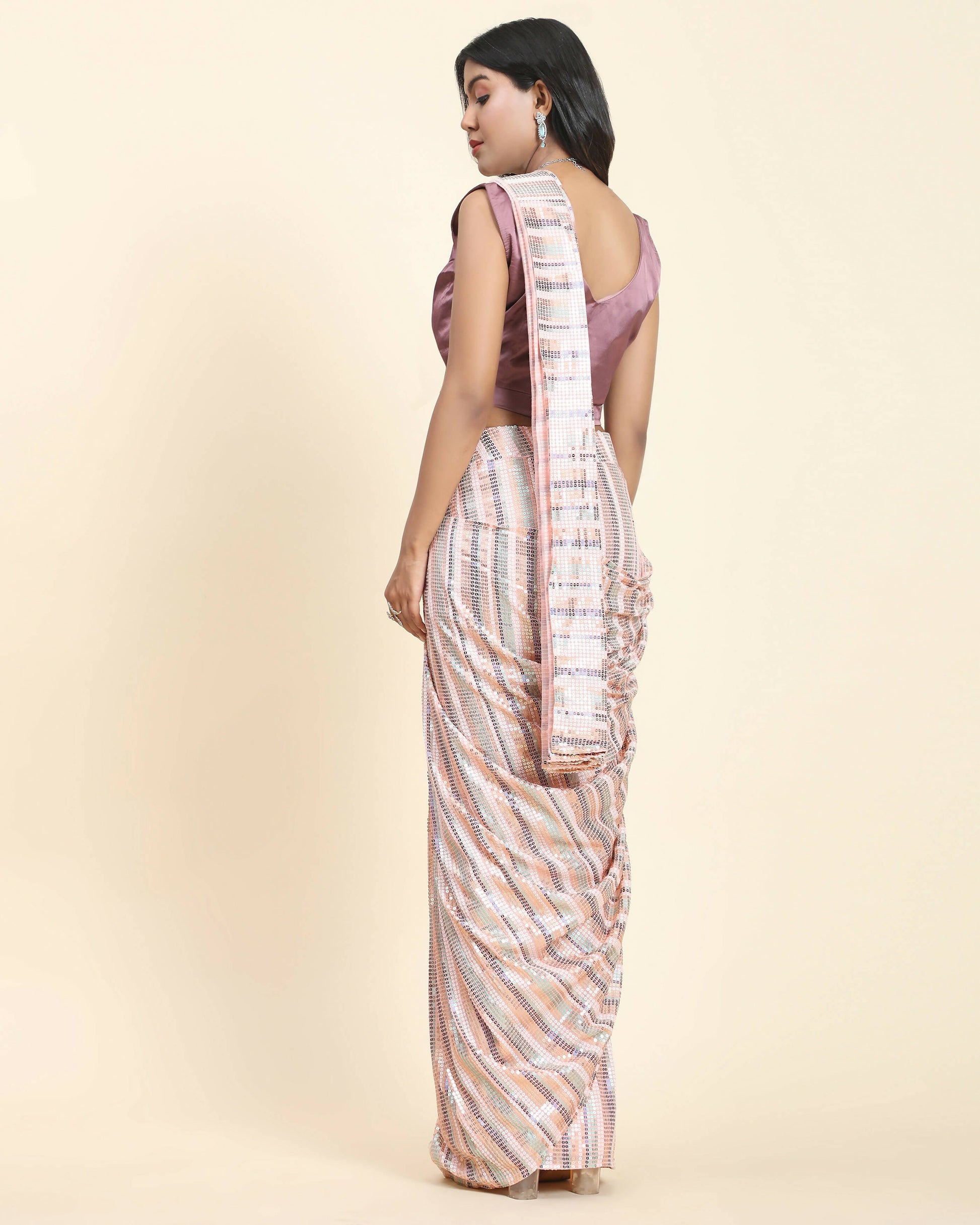 Peach Pure Georgette Sequence work Ready to wear Saree with stitched Blouse - Satiksha | Swadesiicart