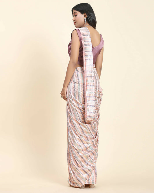 Peach Pure Georgette Sequence work Ready to wear Saree with stitched Blouse - Satiksha | Swadesiicart