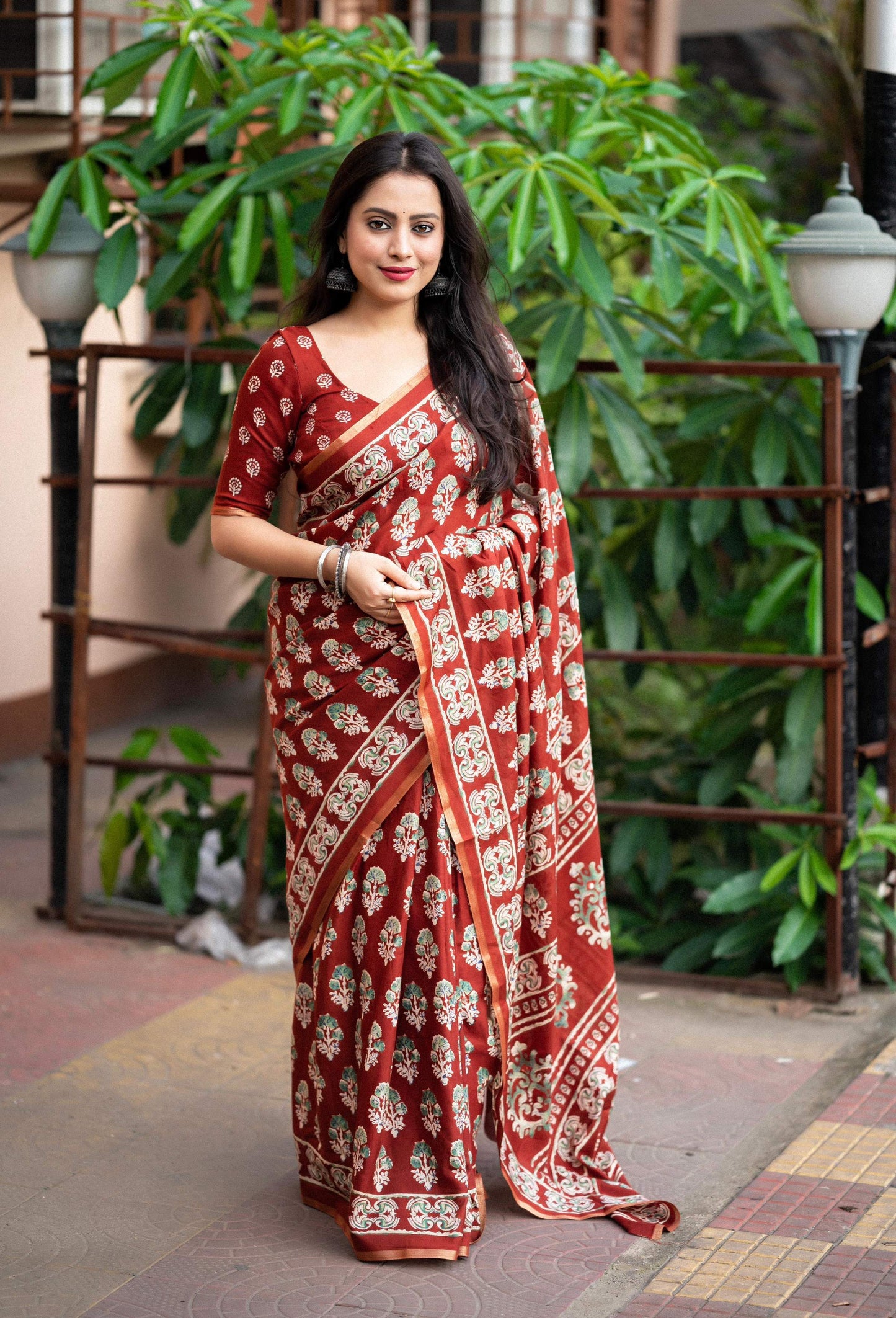 Red Cotton Blend Ajrak Saree with Unstitched Blouse - Hiral Fashion | Swadesiicart
