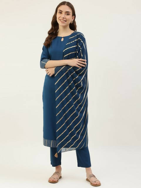 FIORRA Women's Turquise Poly Crepe Straight Kurta Pant With Dupatta - Swadesiicart