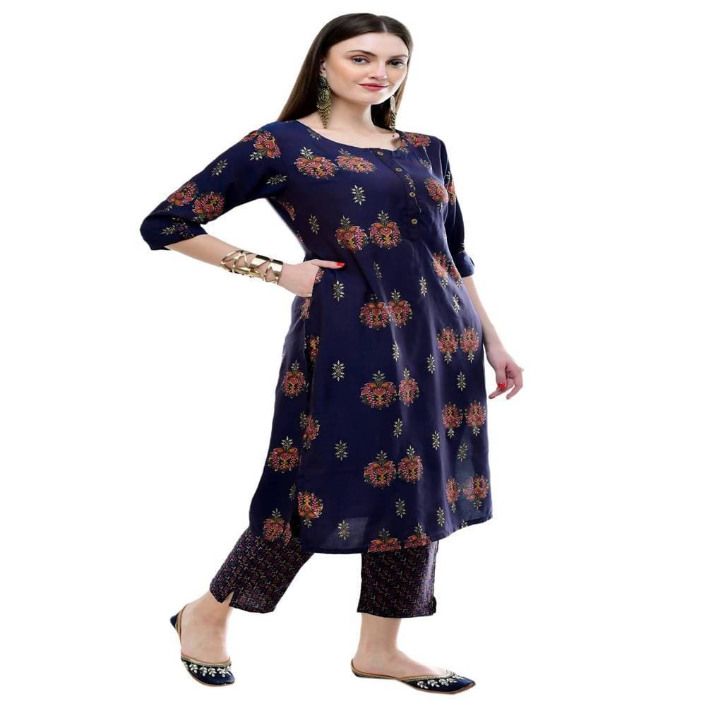 Lagi Women's Blue Printed Straight Kurta & Pant (MC38B) | Swadesiicart