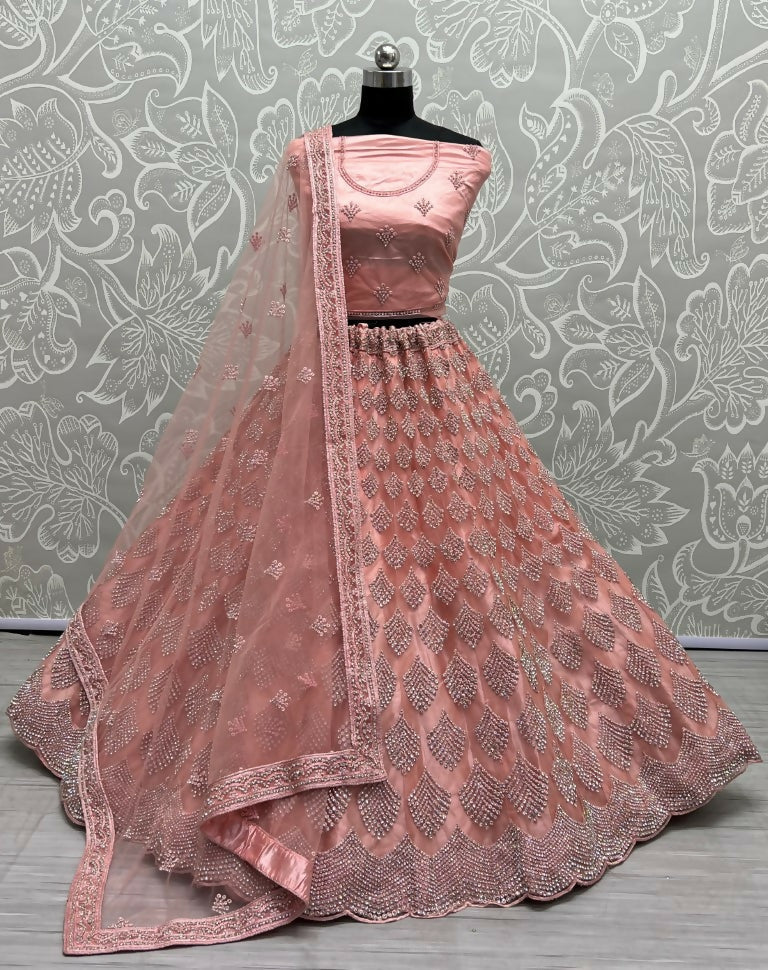 Jyoti Fashion Women's Pink Bridal Net Fancy Dori & Multi Thread Embroidered with Zircon Diamond Work Wedding Lehenga Choli | Swadesiicart