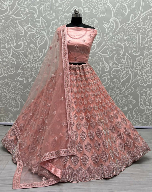 Jyoti Fashion Women's Pink Bridal Net Fancy Dori & Multi Thread Embroidered with Zircon Diamond Work Wedding Lehenga Choli | Swadesiicart