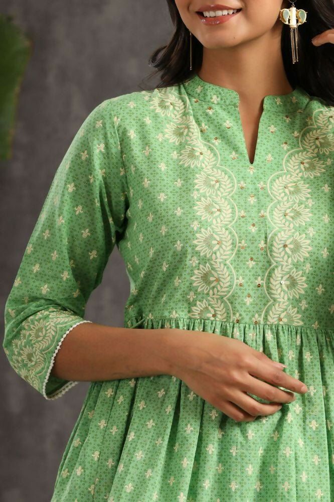 Juniper Green Ethnic Motif Printed Pure Cotton Tunic & Sharara With Sequins & Lace Detail - Swadesiicart