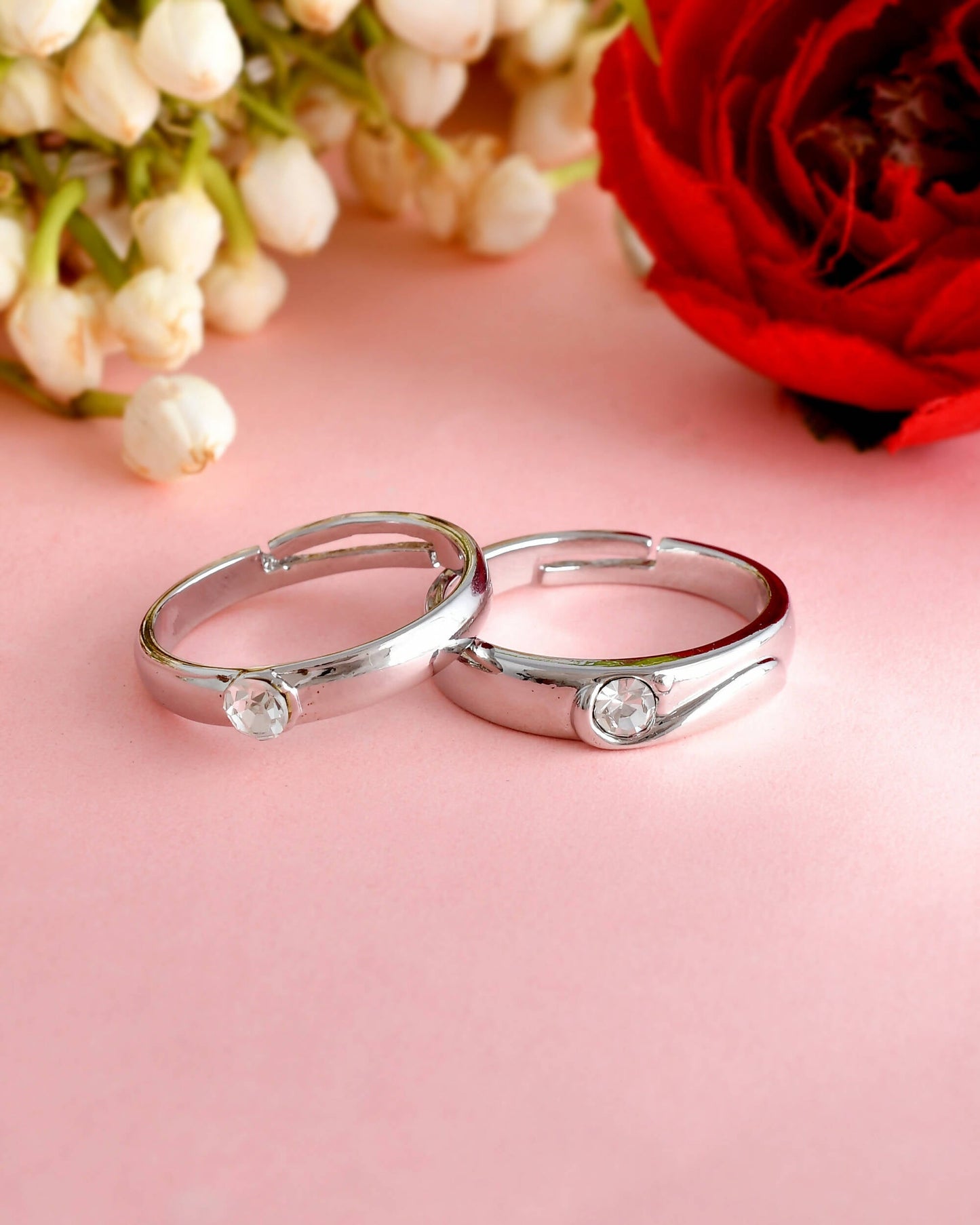 VOJ Stainless Steel Cubic Zirconia Silver Plated Adjustable Ring Set for Couple | Swadesiicart