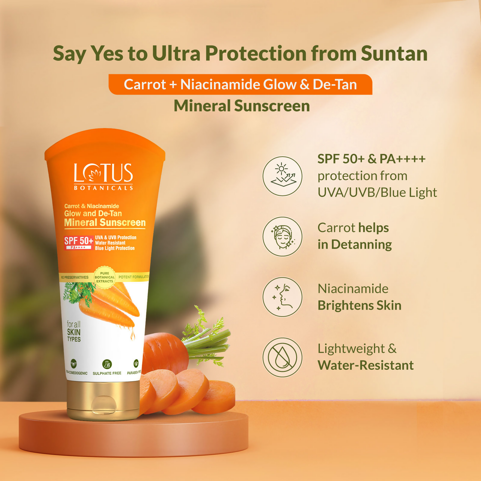 Lotus Botanicals Carrot & Niacinamide Glow and De-Tan Mineral Sunscreen, SPF 50+, PA++++ | Swadesiicart