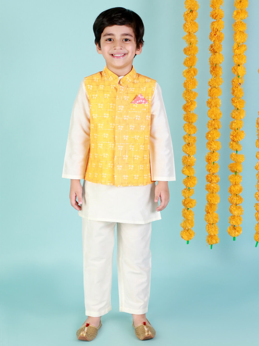 Lil Drama Boys Kurta Pyjama with jacket set - White | Swadesiicart