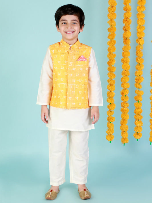 Lil Drama Boys Kurta Pyjama with jacket set - White | Swadesiicart