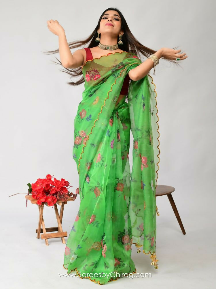Vamsee Nakshatra Latakn Green Organza Saree - Swadesiicart