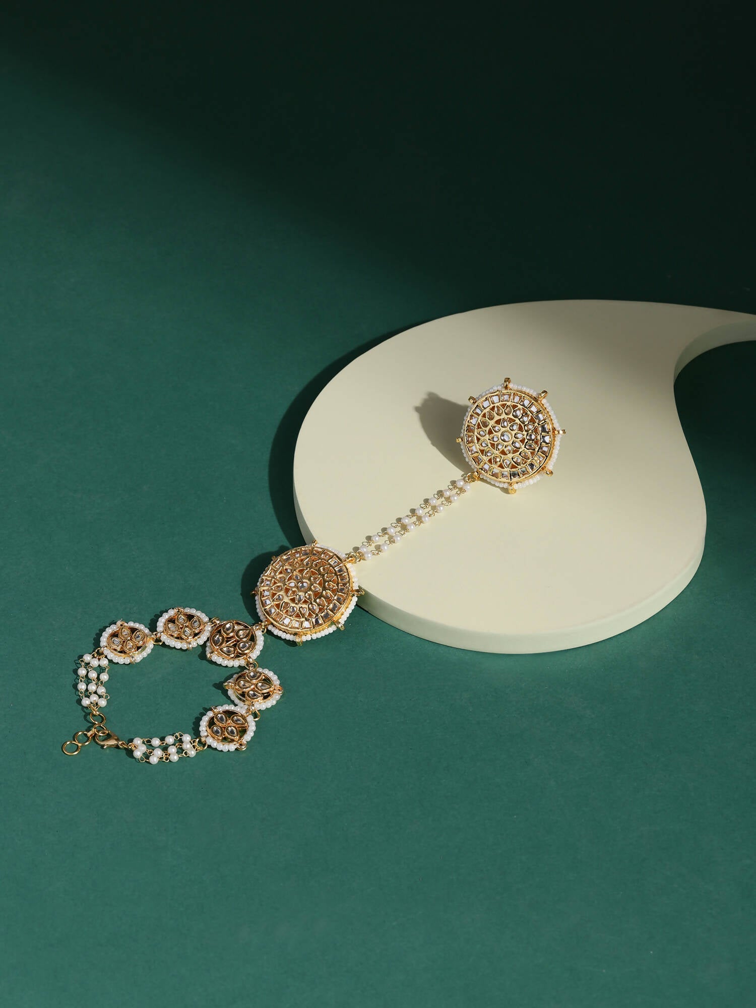Women's Gold-Toned White Brass Kundan Gold-Polished Charm Bracelet - Ruby Raang - Swadesiicart