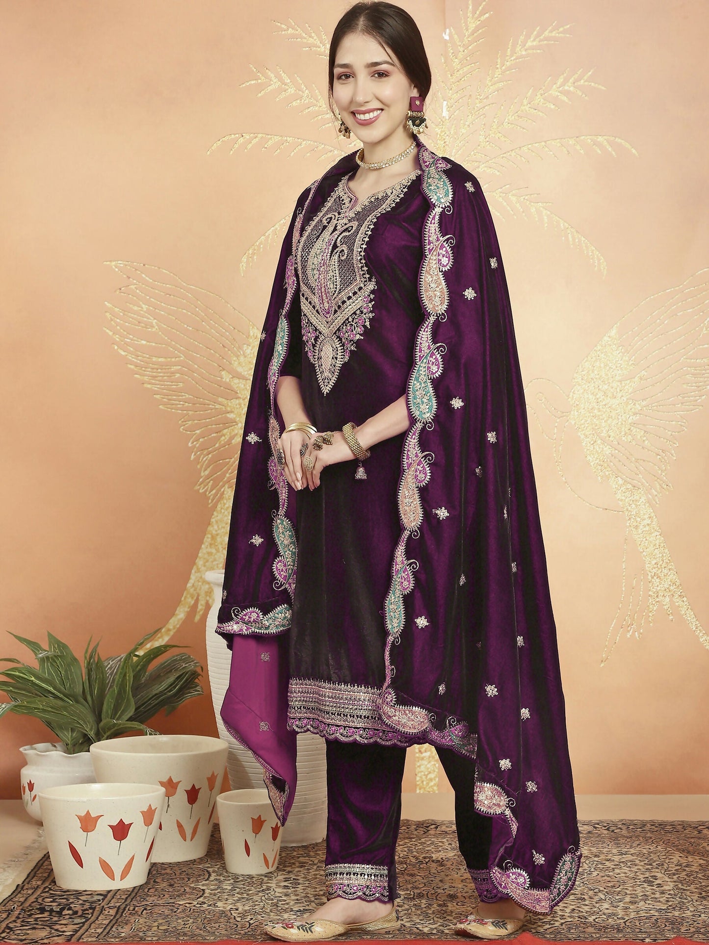 Jyoti Fashion Women's Wine Velvet Cording with Resham Thread & Sequin Kurta with Trouser & Dupatta | Swadesiicart