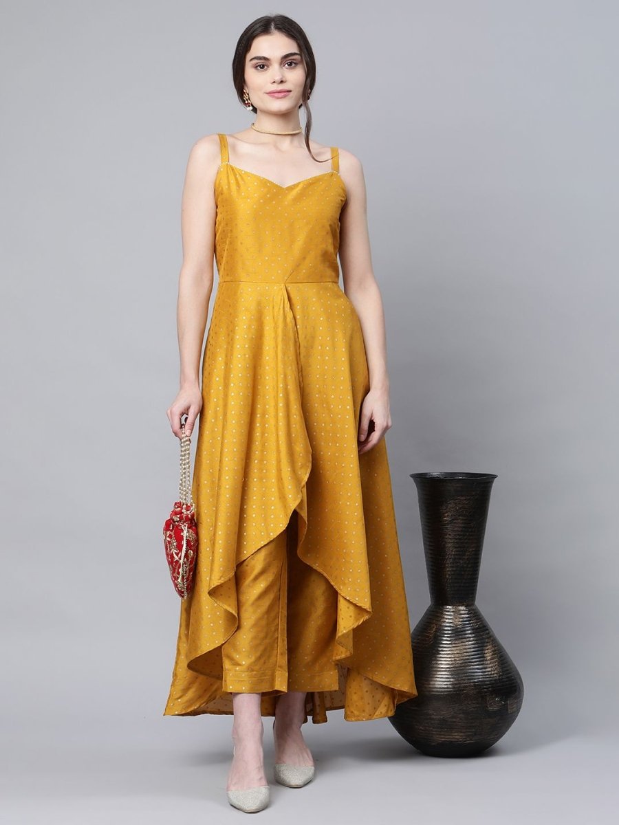 Ahalyaa Women Mustard Poly Silk Gold-Toned Printed Kurta With Trousers | Swadesiicart