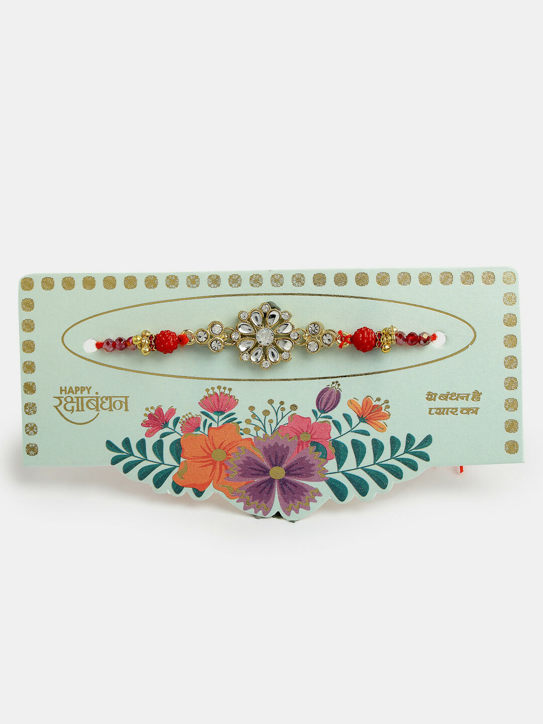 NVR Men Gold-Toned Stone-Studded Rakhi With Roli Chawal & Chocolate | Swadesiicart