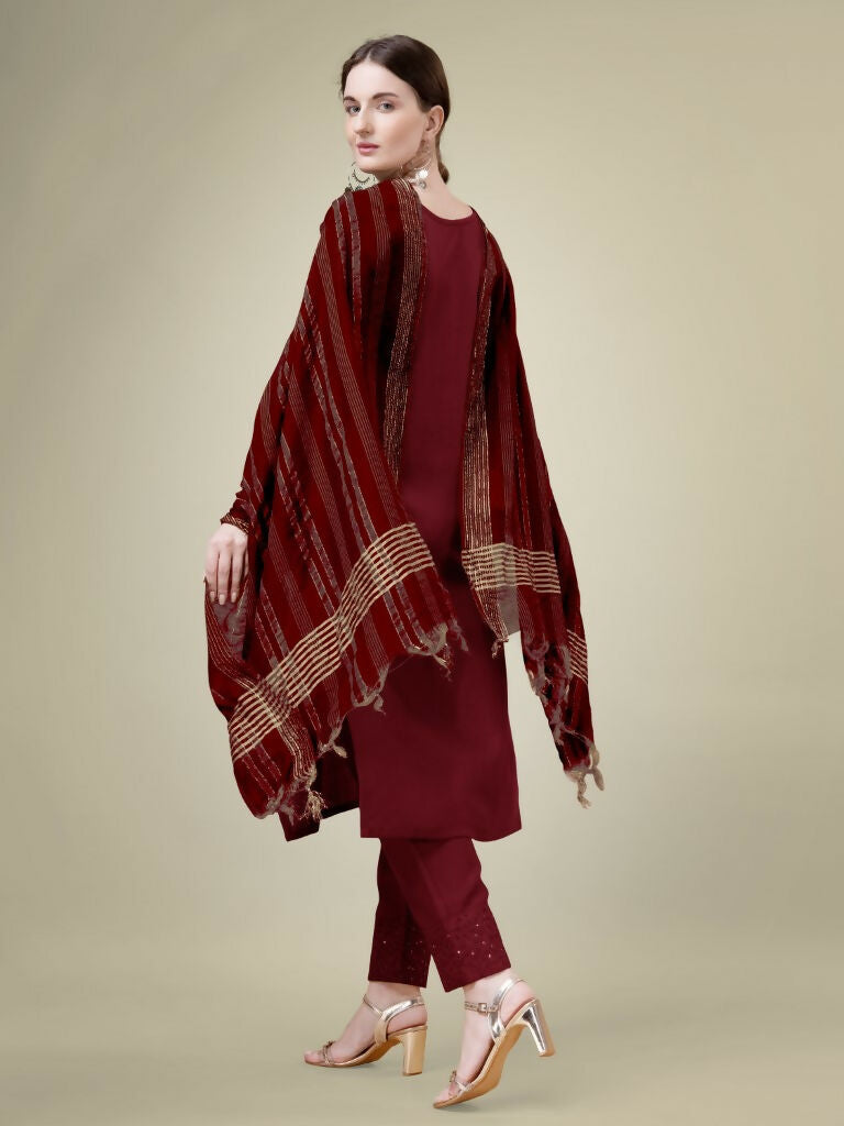 Jyoti Fashion Women's Maroon Cotton Blend Embroidery & Sequence work Kurta with Trouser & Dupatta | Swadesiicart