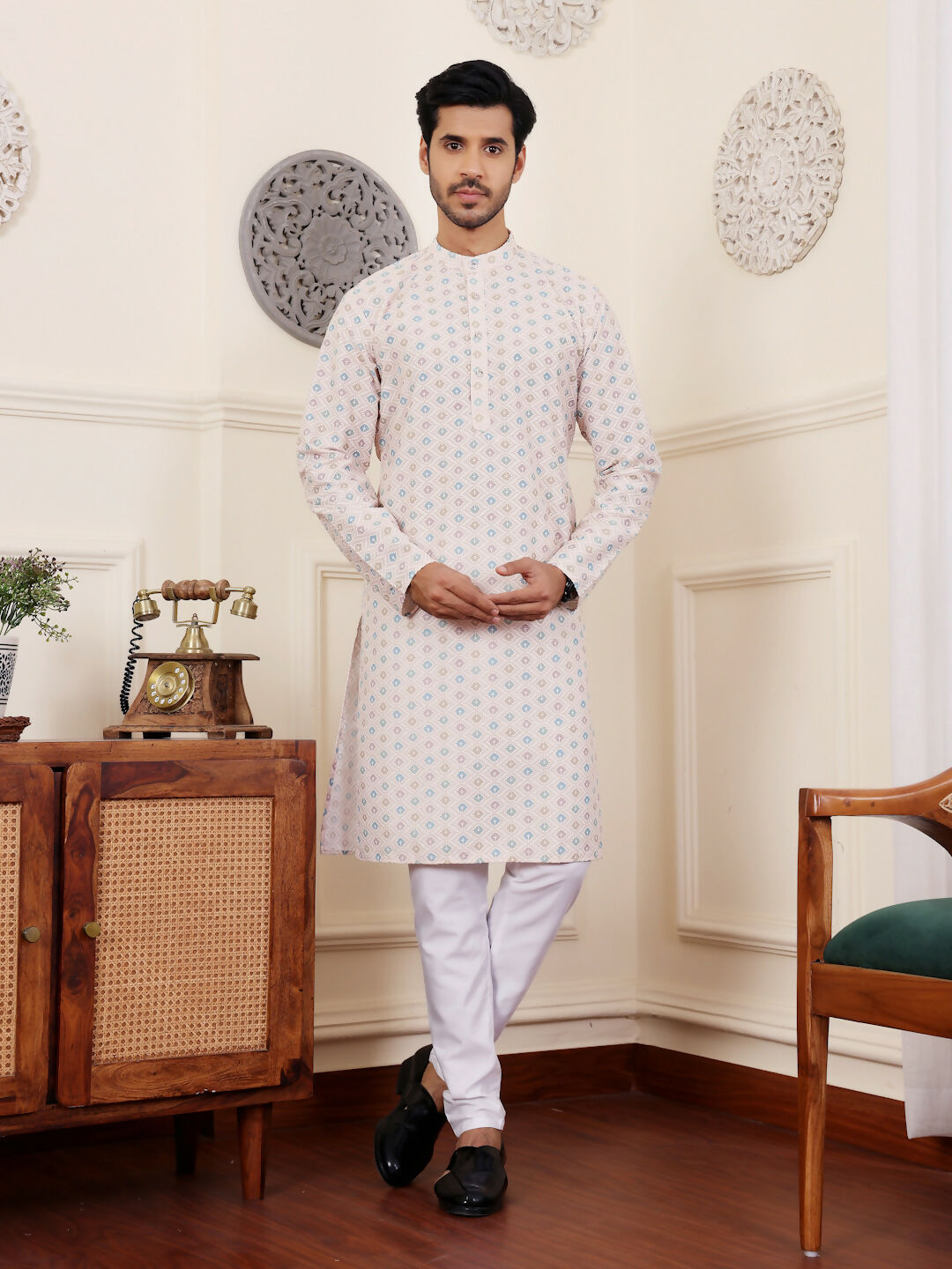 Off White Viscose Chikankari Embroidery Work Men's Rajwadi Kurta Set - Mahotsav | Swadesiicart