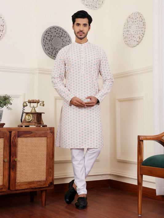 Off White Viscose Chikankari Embroidery Work Men's Rajwadi Kurta Set - Mahotsav | Swadesiicart