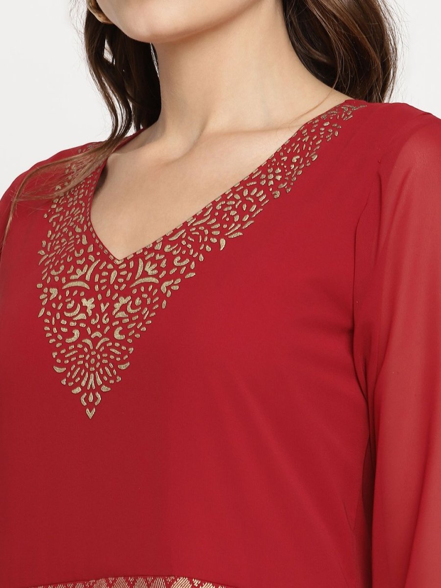 Ahalyaa Women's Maroon Georgette Gold Foil Print Flared Kurta With Dupatta | Swadesiicart