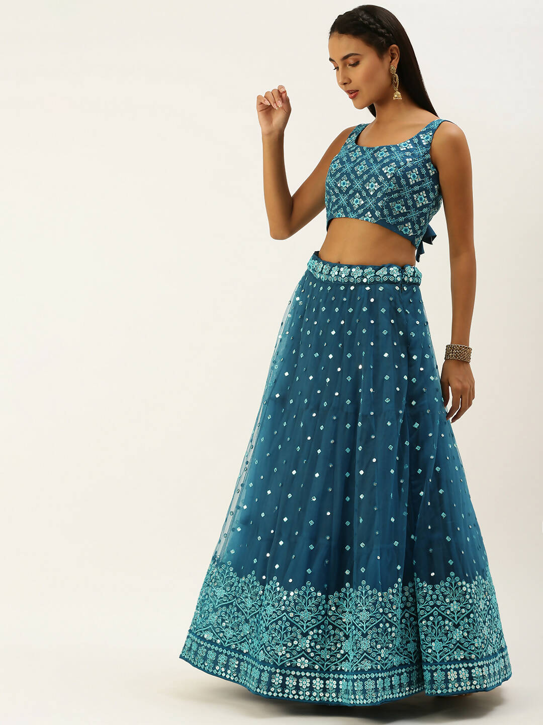 House of Panchhi Teal Net Sequinse Work Lehenga & Blouse, Dupatta | Swadesiicart