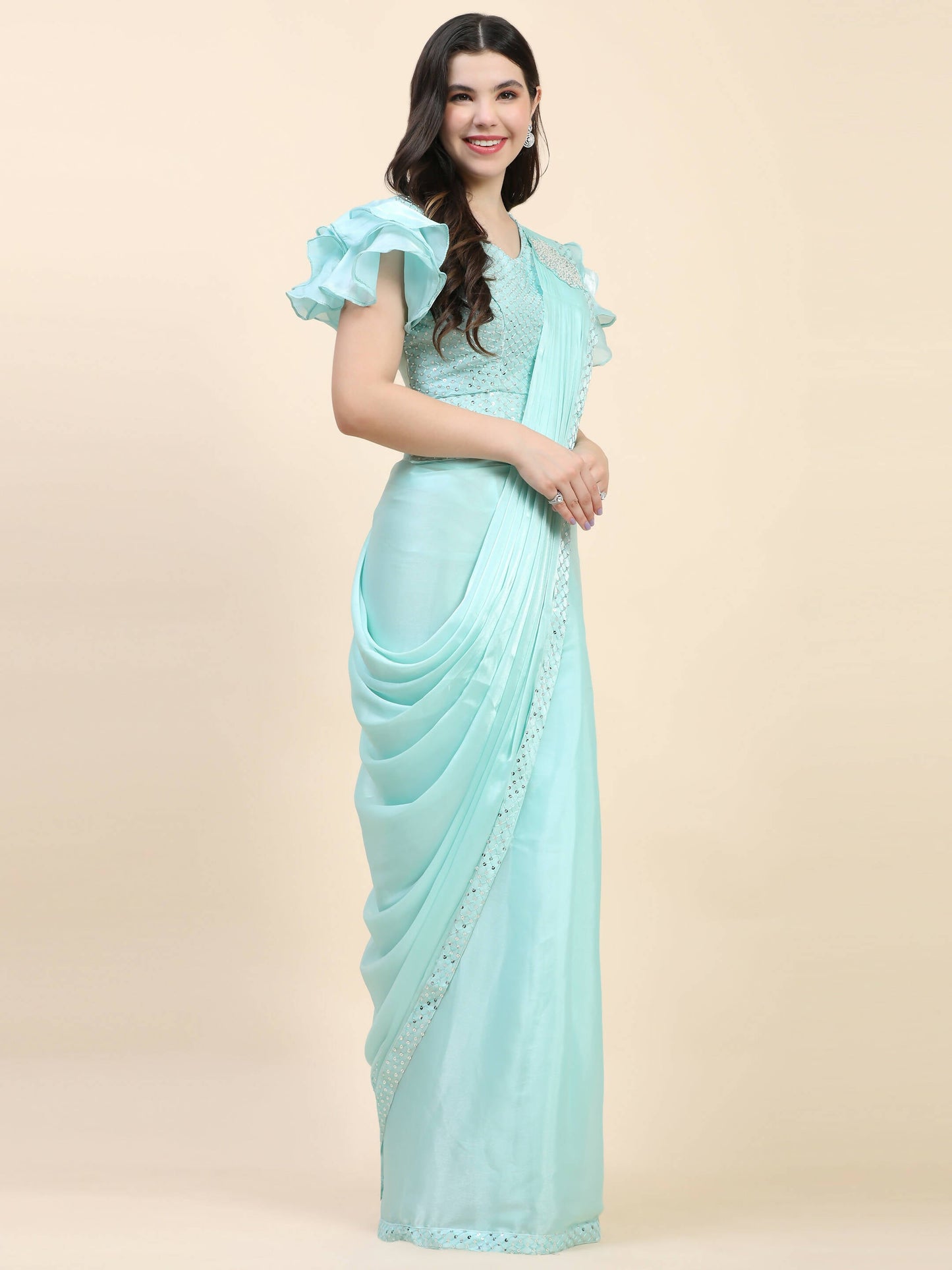 Light Blue Silk Satin Sequence Work Ready to Wear Saree with stitched Blouse - Nirvana | Swadesiicart