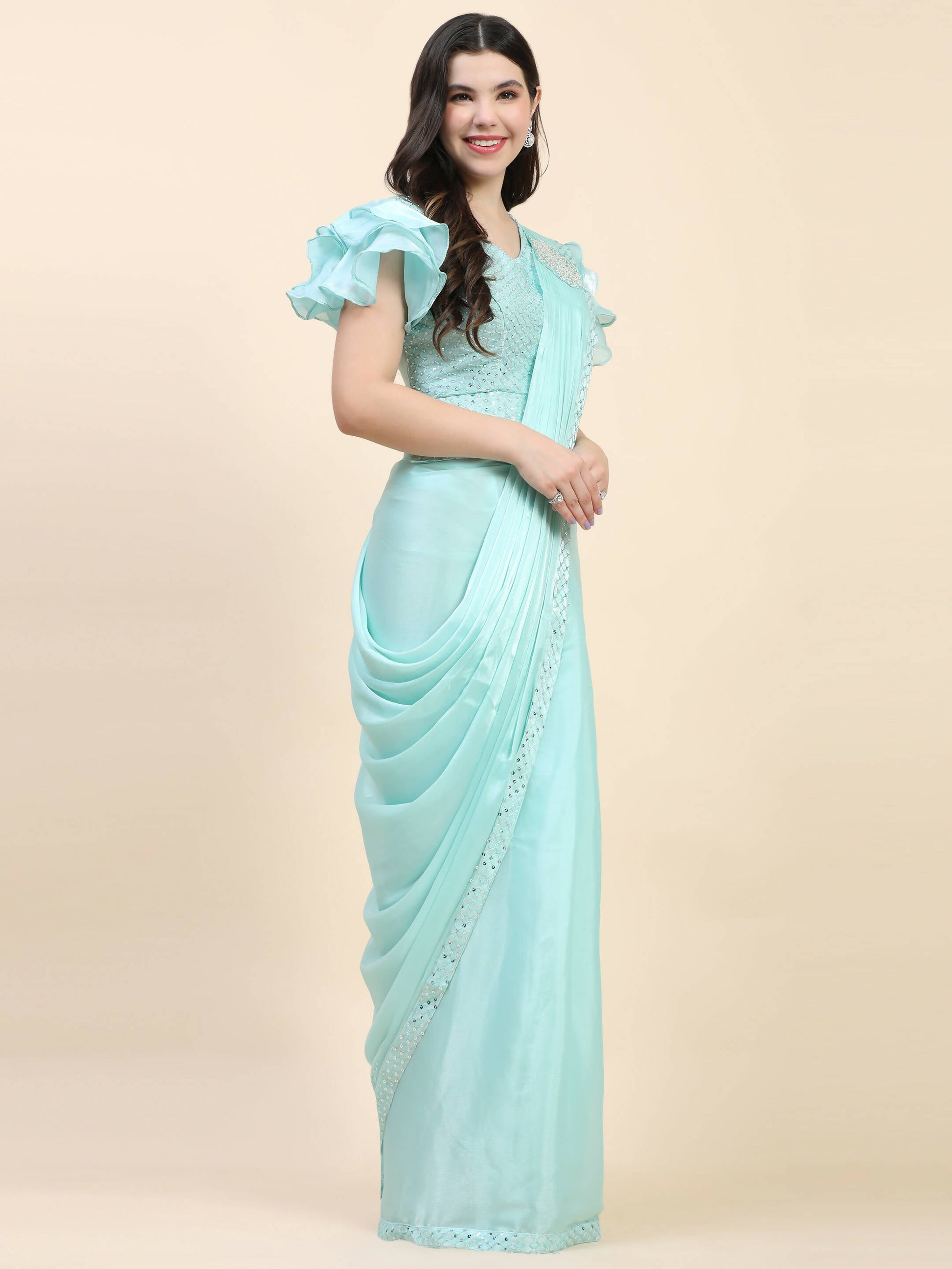 Light Blue Silk Satin Sequence Work Ready to Wear Saree with stitched Blouse - Nirvana | Swadesiicart