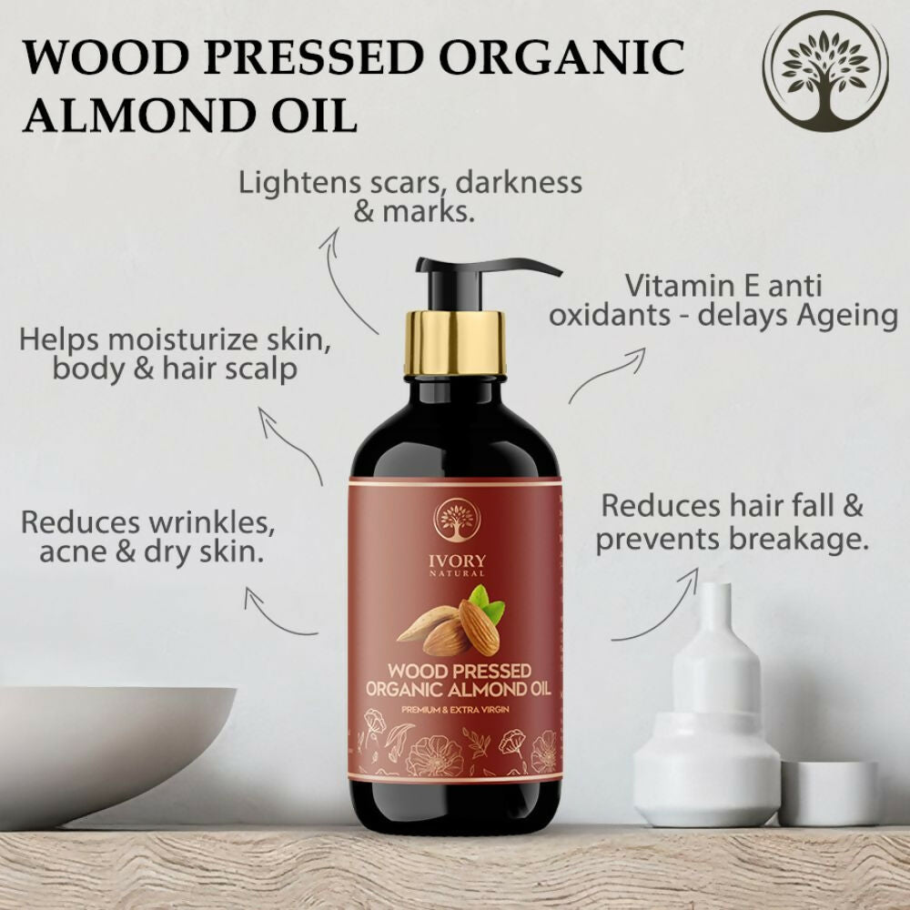 Ivory Natural Wood Pressed Organic Almond Oil , Premium Extra Virgin Oil - For Radiant Skin, Hair Wellness | Swadesiicart