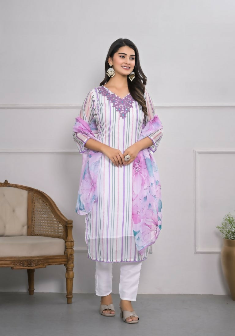 White Viscose Silk Embroidery with Thread and sequence Stitched Suit With Dupatta - Tanisha | Swadesiicart