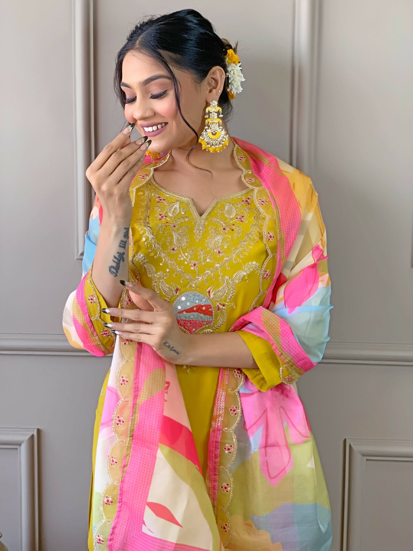 PartywearDesigner Viscose Yellow Stitched Suit With Dupatta - Tanisha | Swadesiicart