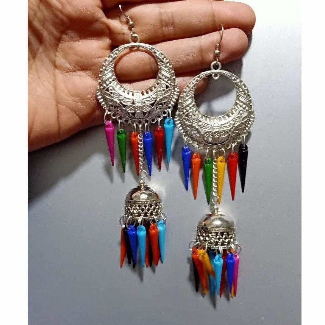 MS Fashion India Half Moon Style Silver Earrings With Hanging Chain Jhumka Multicolor Pearls Earrings | Swadesiicart
