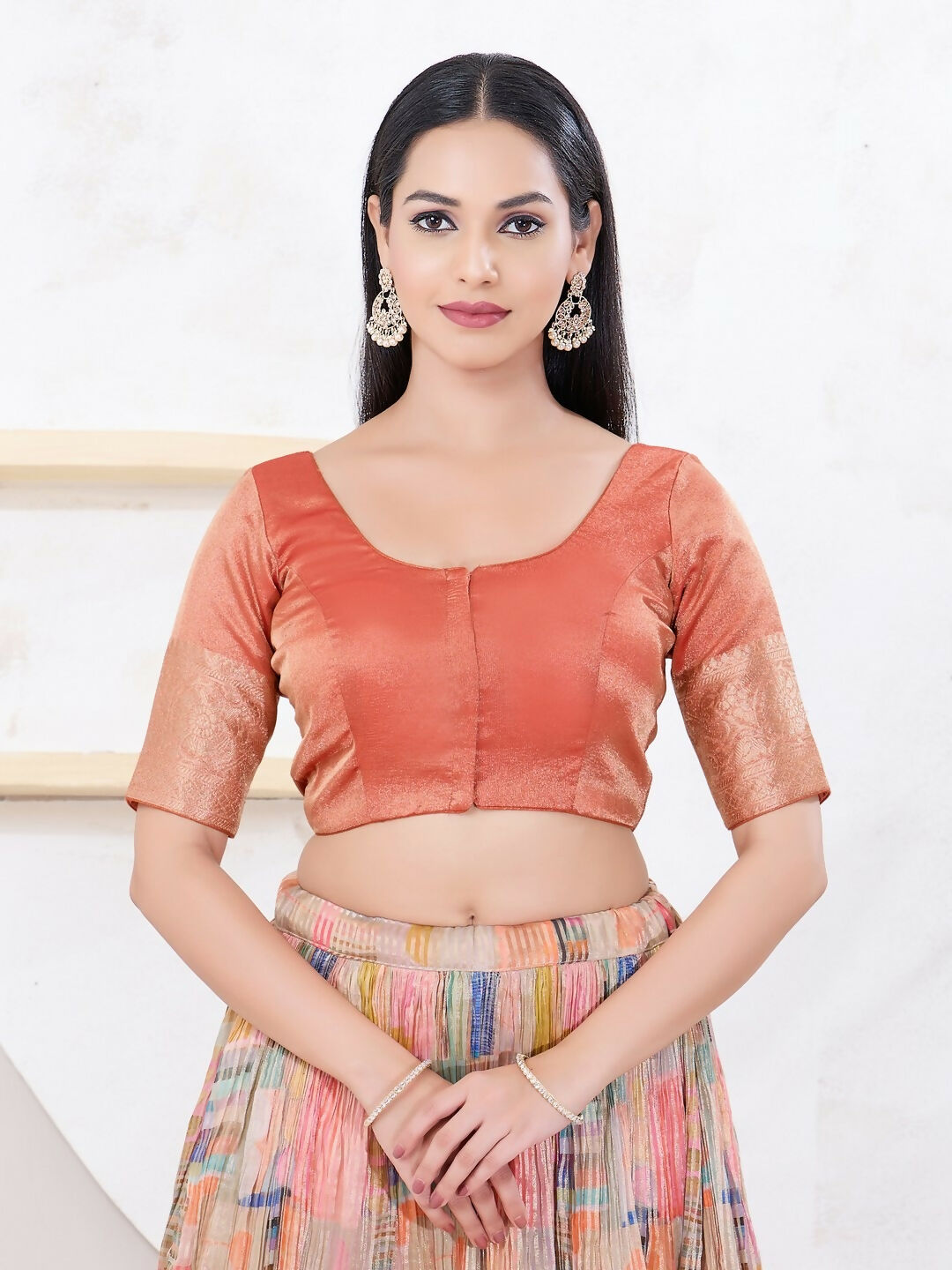 Joban Fashion Copper Brocade Elbow Sleeveless Front Open Blouse - Swadesiicart