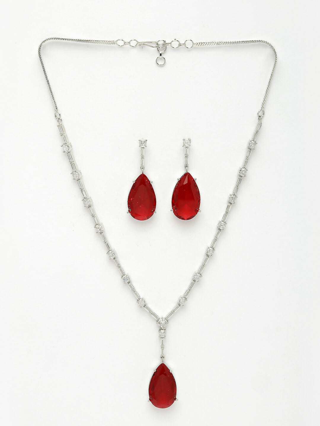 NVR Women's Silver-Plated Red Artificial Stones Studded Handcrafted Jewellery Set - Swadesiicart