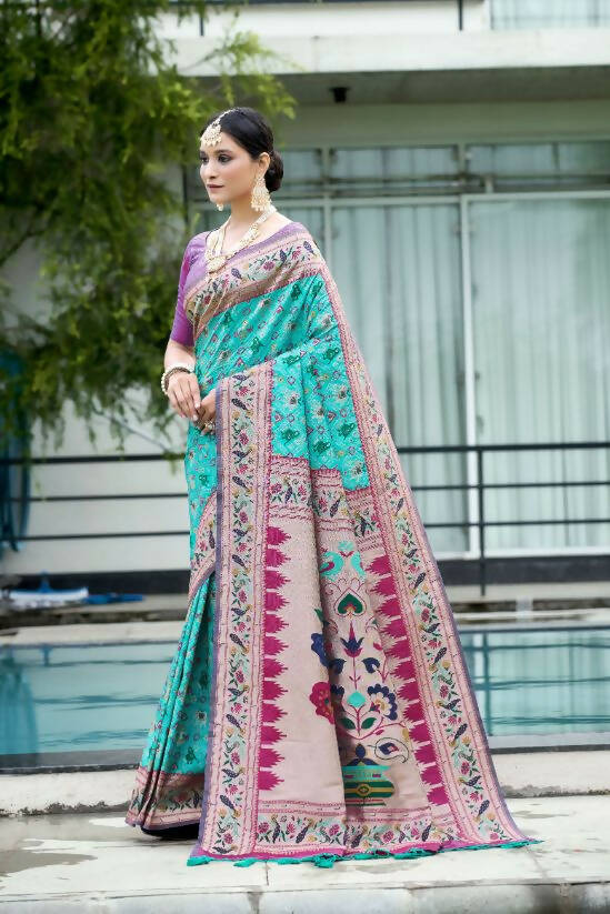 Vishnu Weaves Women's Firozi Paithani Patola Silk Zari Woven Saree with Unstitched Blouse - Swadesiicart