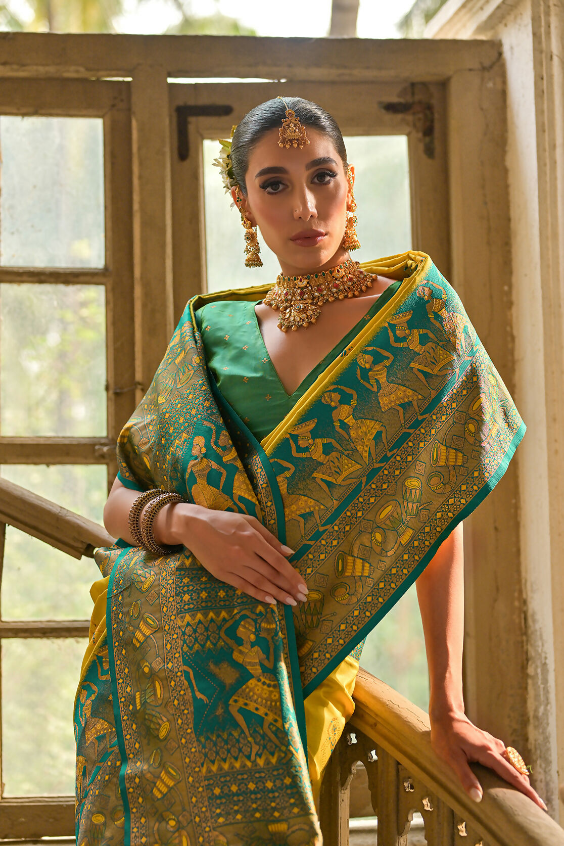 Vishnu Weaves Women's Yellow Banarasi Silk Kalamkari Zari Woven Saree with Blouse - Swadesiicart