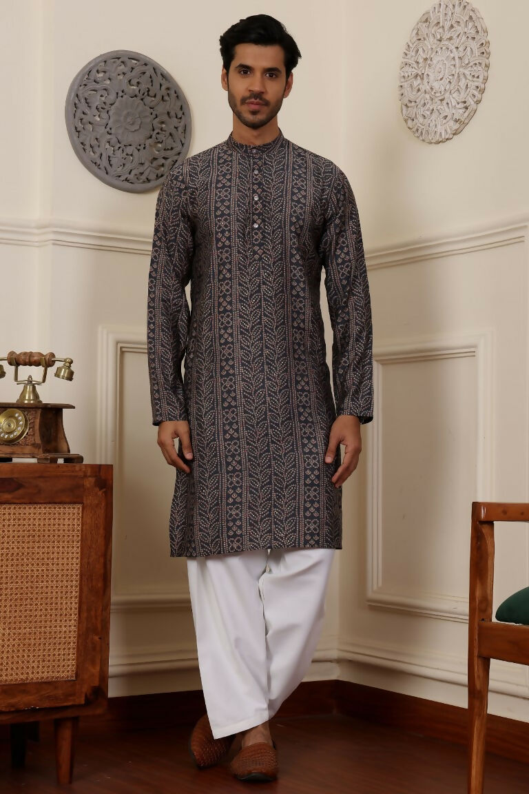 Blue Modal Silk Woven Designer Men's Rajwadi Kurta Set - Mahotsav