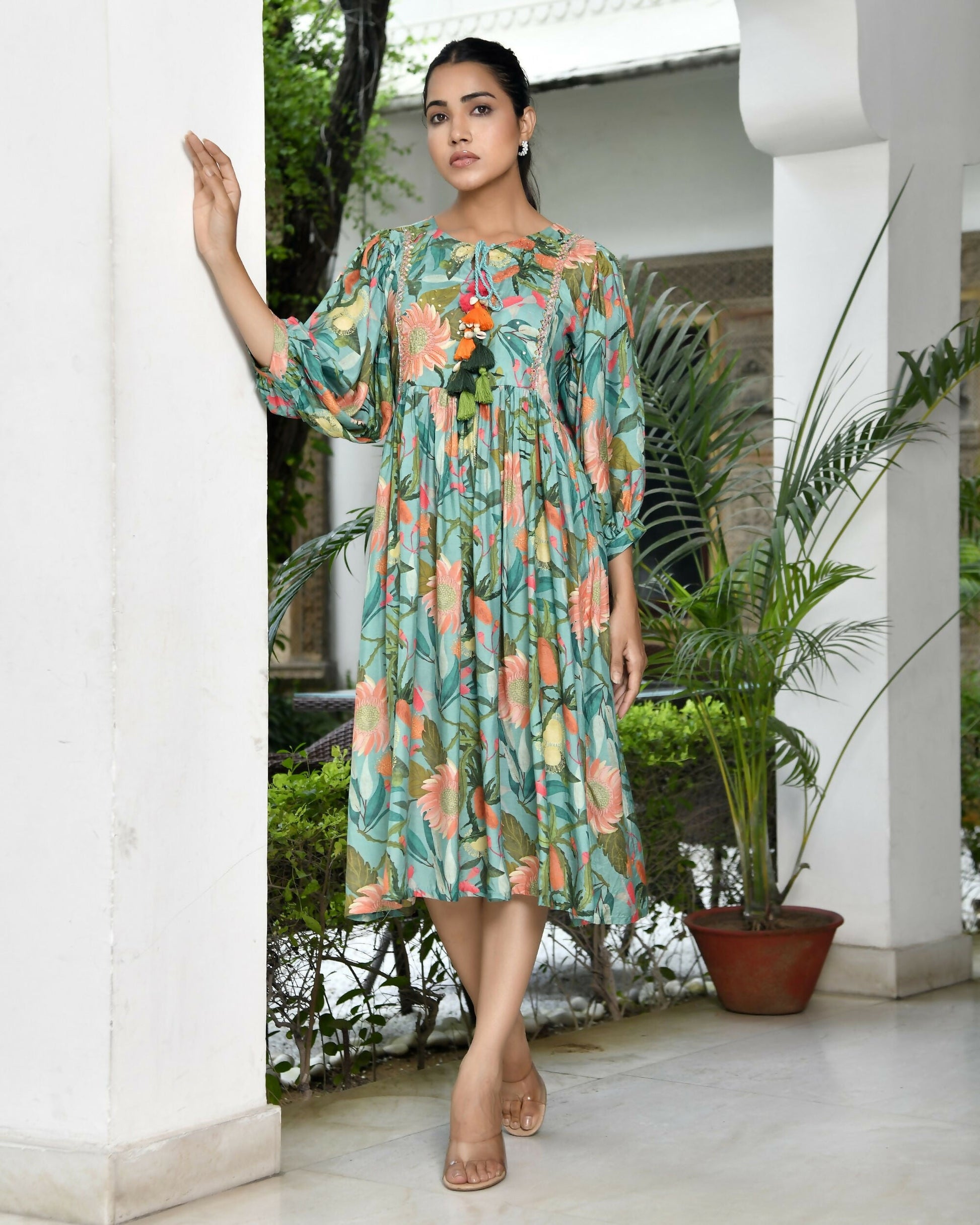 Vaasva Women's Teal Musline Viscose Digital Printed Dress | Swadesiicart