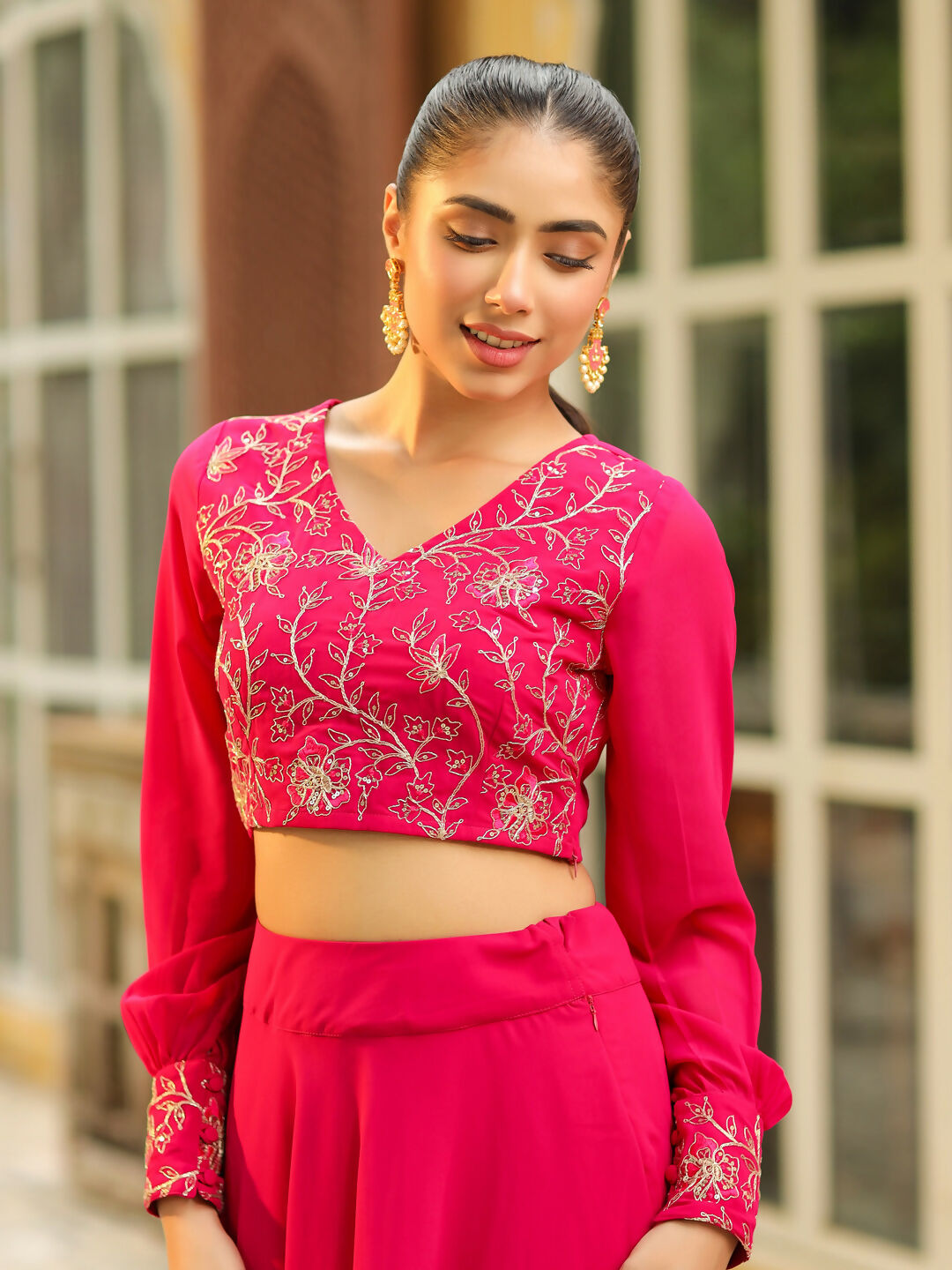 Janasya Pink Georgette Embroidered Top & Skirt | Swadesiicart